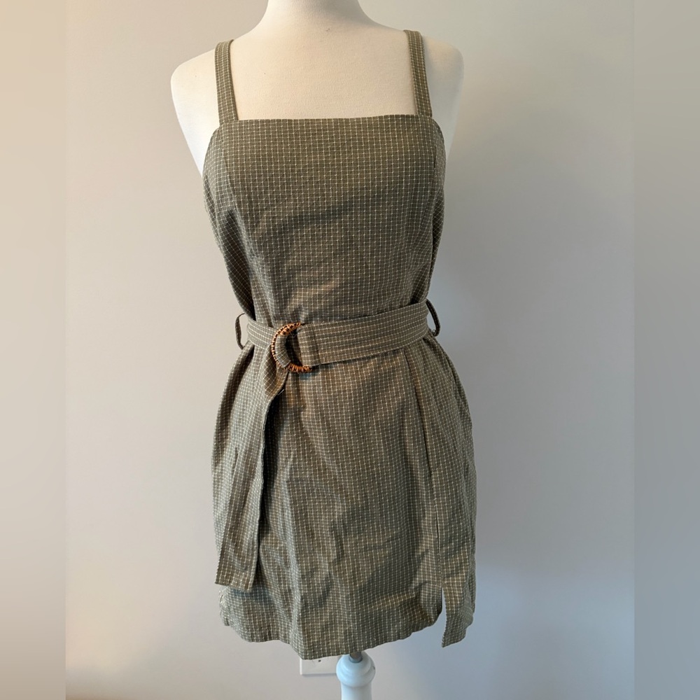 Boutique Olive Checkered Belted Mini Dress